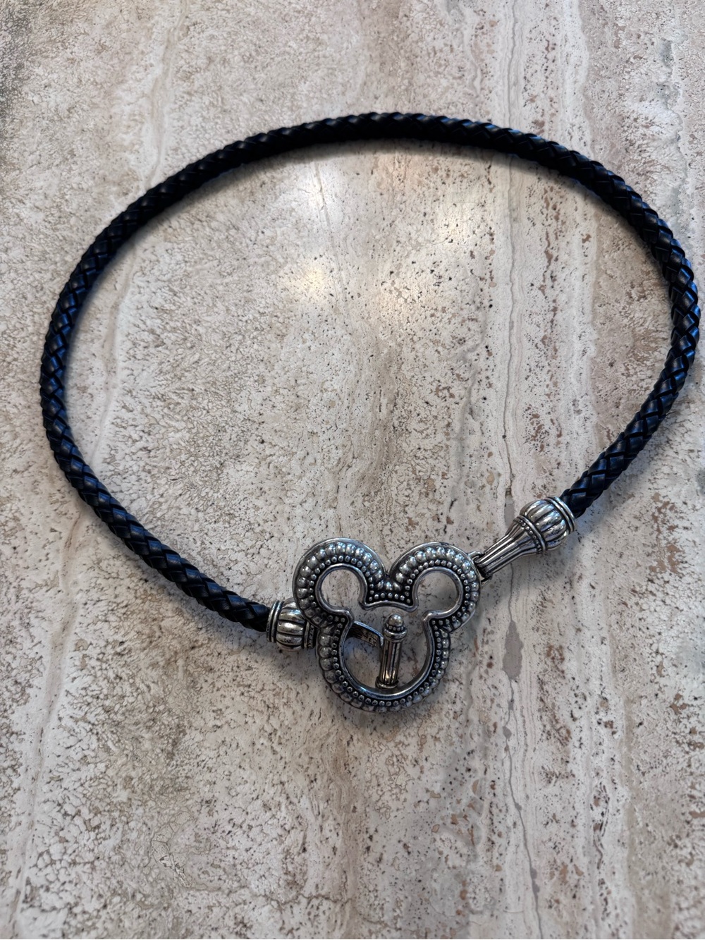 Brighton Disney Black Braided Leather Belt with Silver Plated Mickey Mouse Buckl